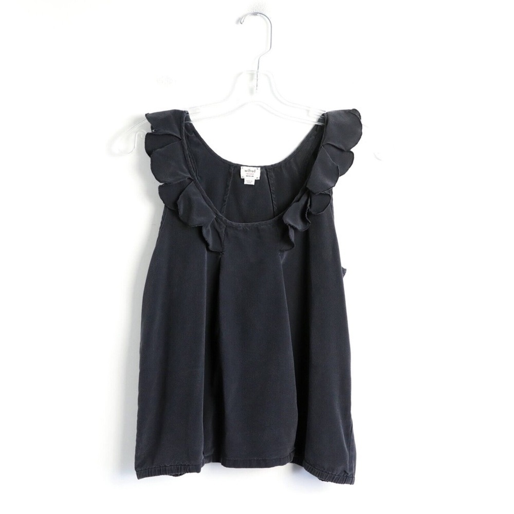 Wilfred Aritzia black asphalt 100% silk top sleeveless blouse romantic ruffle M